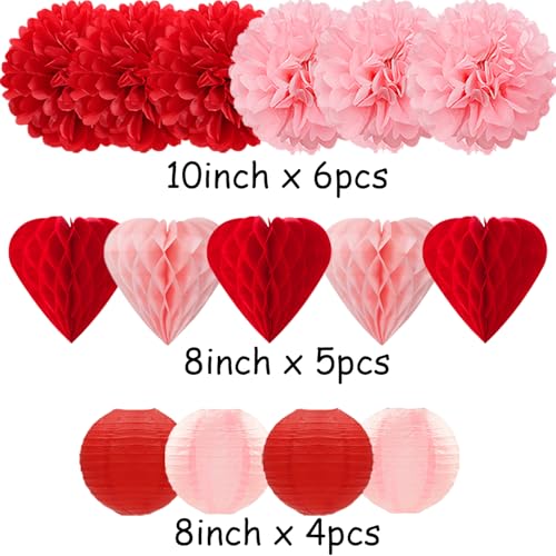 Red Pink Valentines Day Paper Flowers Hearts Honeycomb Lanterns Tissue Pom Poms 15pcs Galentines Party Decorations Anniversary Love Birthday Wedding Baby Shower Hanging Supplies Mprocherify - color: Red Pink Heart