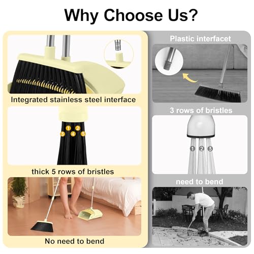 BSKLIN Broom and Dustpan Set for Home, 52" Long Handle Broom Set with Dustpan Teeth to Clean Hair Sweeping Indoor and Outdoor (Yellow) - size: Small-yellow
