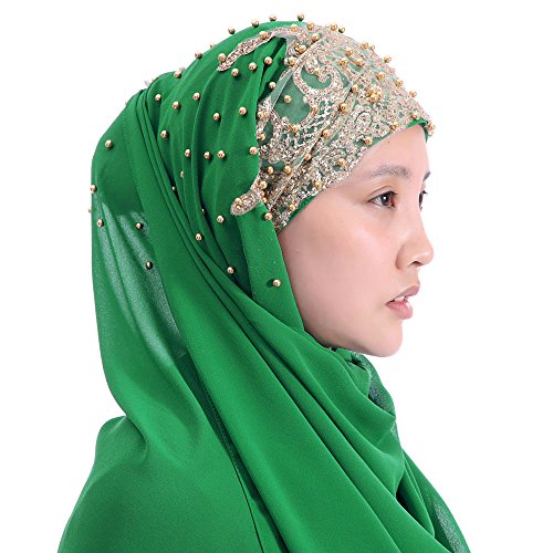 Lina & Lily Premium Chiffon Hijab Head Scarf Wrap with Gold Sequins Glitters Beads for Muslim Women - color: Emerald Green