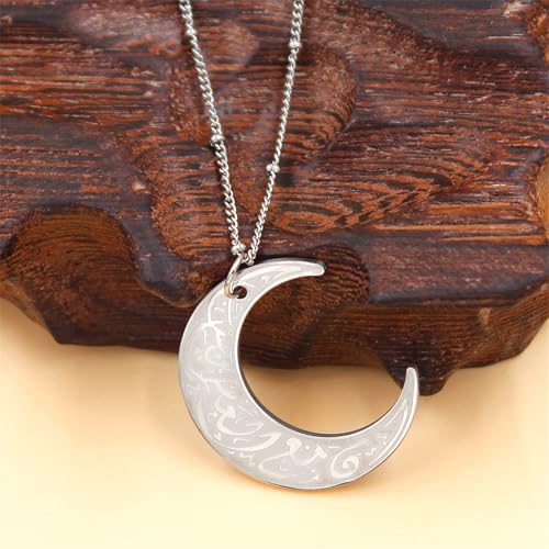 Stainless Steel Arabic Moon Pendant Necklace - Islamic Allah Symbol Jewelry for Men and Women - Religious Amulet Talisman Gift YA4979 - color: white moon pendant necklace