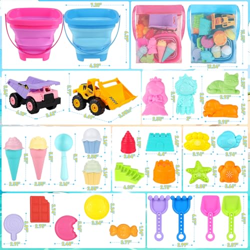 EULRGAUS Beach Toys with 2 Trucks, Collapsible Buckets for Kids Ages 3-12 | 2 Construction Vehicles, Sand Molds, Mesh Bags for Sandbox, Backyard, Summer Trips, Beach Games, Multi-Scene Outdoor Fun