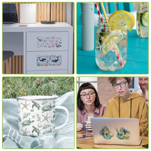 arricraft 10 Pcs Colorful Ocean Animals Theme Cup Printing UV Transfer Papers, 10 Styles Seahorses Seaweed Jellyfish Dolphins Turtles UV DTF Cup Wrap Stickers for 16 OZ Glass Cups Crafts 9.5x4.3inch - style: Colorful Ocean Animals Theme