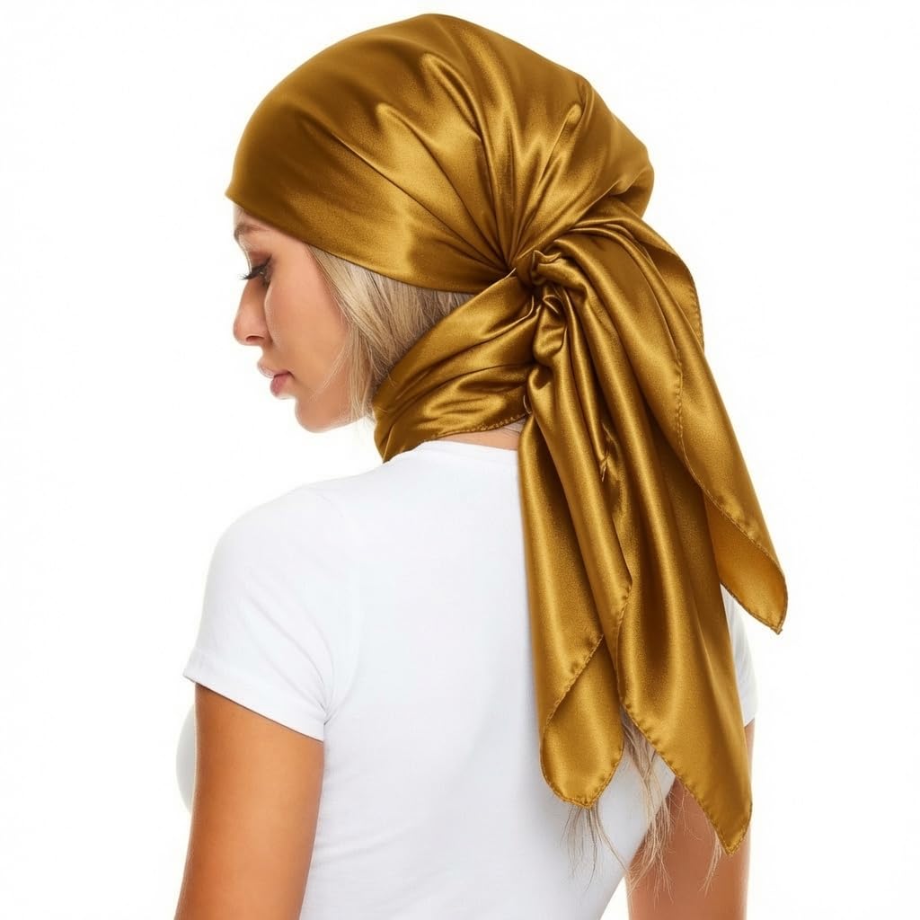 Large 35 inches Satin Square Scarf Lightweight Neck Hair Wrap Fashion Headscarf - color: Gold