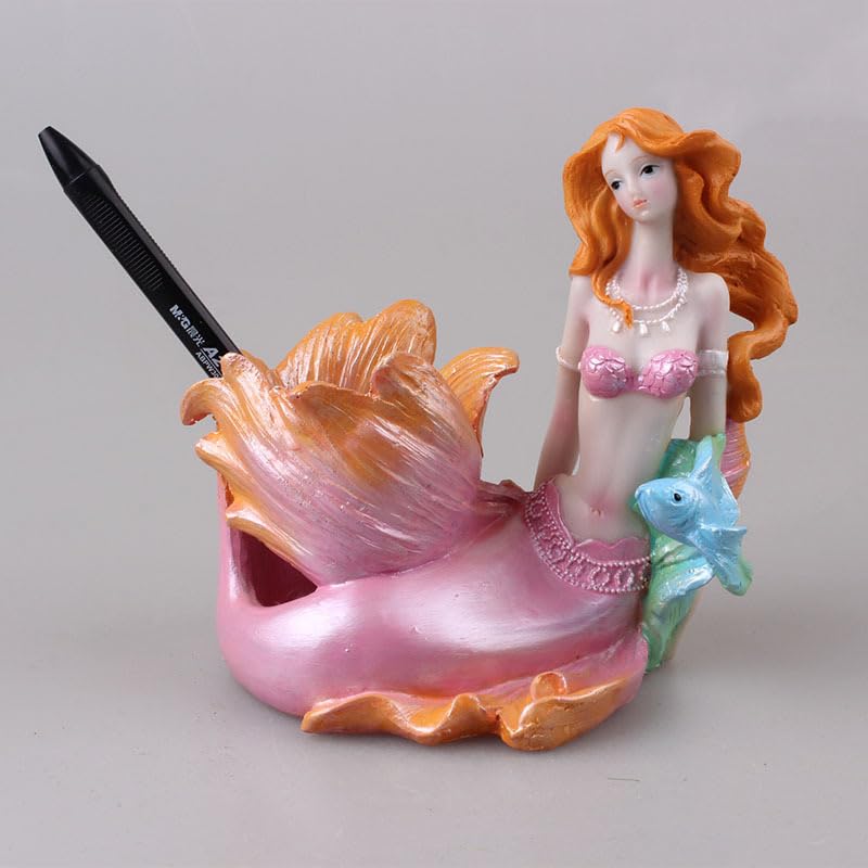 1PCs Pink Mermaid Pen Container Statues Resin Mermaids Figurines | Mediterranean Princess Brush Pot for Aquarium Fish Tank Suppliers Home Office Desk School Shelf Ornaments