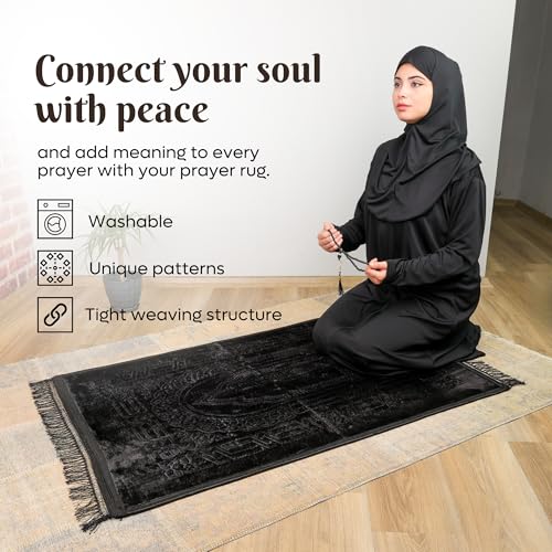 Prayer Rug - Soft Plush Turkish Janamaz Sajada Carpet for Men and Women - Plain Solid Prayer Mat Ramadan Eid Gift - with Prayer Beads - Luxury Floral Stamp, Black - color: Black