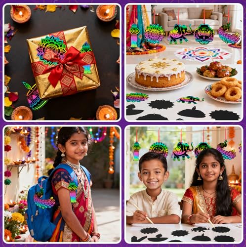 FEBSNOW 48 PCS Diwali Crafts for Kids, Magic Rainbow Scratch Art Paper Cards for Kids Diwali Gifts School Classroom Activities Happy Diwali Festival of Lights Party Favors Hanging Ornaments - style: Diwali