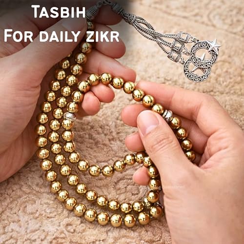 Amazing Gemstone Golden Hematite Tasbeeh with Moon and Star Charm - Certified Crystal Muslim Prayer Beads Natural Gemstone Tasbih for Ramadan Dhikr and Daily Namaz (S) - color: Golden Hematite