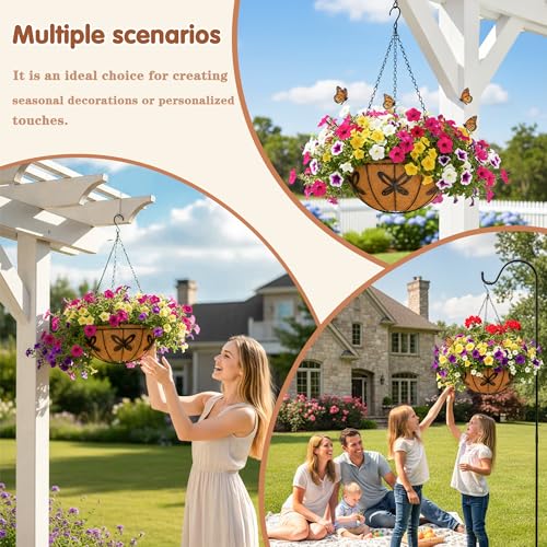 14 inch Metal Hanging Baskets For Plants Outdoor 4 Pack Round Metal Wire Hanging Basket Planter with Coco Fiber Liners Chain Round Wire Plant Holder for Garden, Patio, Deck, Porch Plants Flower Potss - size: 14 Inch, style: Butterfly