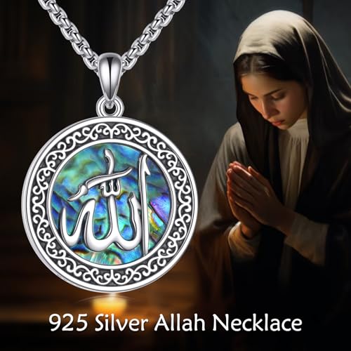 URONE Allah Necklace 925 Sterling Silver Abalone Shell Pendant Allah Jewelry Gift for Women Men