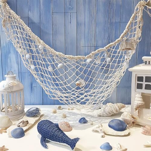 Natural Cotton Fish Net Decorations, 4x6.6 Ft Nautical Party Decor for Hawaiian Pirate Ocean Beach Theme, Halloween Christmas Wall Backdrop Decoration