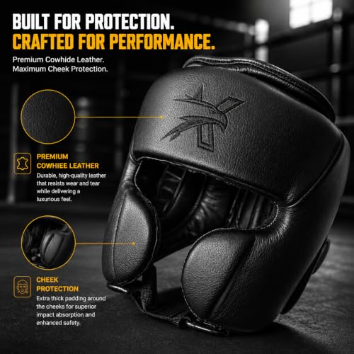 Premium Cowhide Leather Boxing Headgear Open Face with Cheek Protection, Grain Cowhide Leather, Shock Absorbing Padding, Adjustable Sparring Helmet for MMA Muay Thai Kickboxing - size: Small-Medium