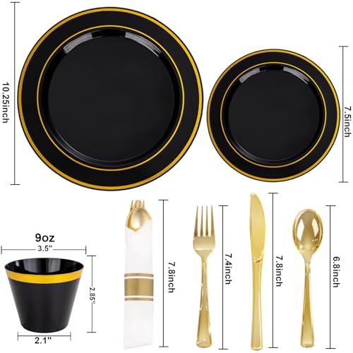175PCS Black Gold Plastic Dinnerware Set for 25 Guests, Fancy Disposable Plates for Party, Include: 25 Dinner Plates, 25 Dessert Plates, 25 Pre Rolled Napkins with Gold Silverware, 25 Cups - color: Black and Gold