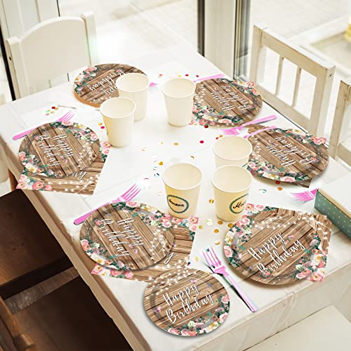 96PCS Spring Floral Birthday Party Plates Wood Grain Pink Flower Rustic Tableware Set for Girls Kids Bridal Shower Party Supplies Wooden Birthday Paper Plates Napkins Decorations for 24 Guests - style: Pink Floral
