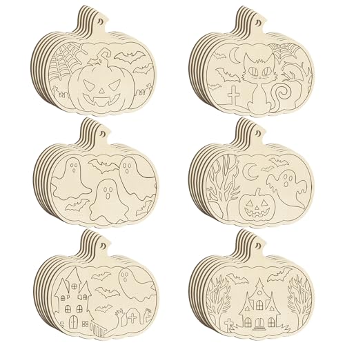 36피스 나무 호박 장식품 할로윈 추수감사절 장식 컷아웃 미완성 8.9cm(3.5인치), DIY 빈 미완성 호박 장식품 가정 수확 공예 벽걸이 가을 장식(6스타일) - color: 할로윈 라인 컷아웃
