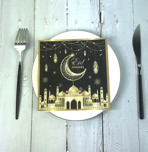24 Pcs Ramadan and Eid Crescent Moon Party Napkins Ramadan Kareem Eid Mubarak Disposable Napkins, Arabic Design Themed Paper Napkins for Eid Al-Fitr Party Decorations, 6.5" 2-Ply(Black)