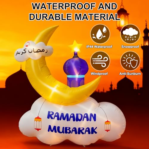 6FT Outdoor Inflatable Ramadan Moon Decoration, Blow Up Islamic Eid Decor with LED Lights, Waterproof Inflatable Ramadan Eid Mubarak Holy Celebration for Celebrate Fasting Introspection and Prayer - style: Purple
