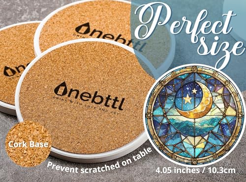 Moon Coaster, Ceramic, Set of 6, with Gift Box, Absorbent with Cork Base, Stain Glass Stlye Gifts for Moon Lovers, Home Decor for Housewarming, Thanksgiving, Birthday, Christmas