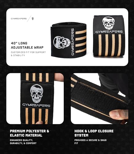 Gymreapers Weightlifting Elbow Wraps (1 Pair) - Flexible 40'' Elbow Compression Strap & Joint Support Brace - for Bench Press, Powerlifting, and Pressing - color: Tan