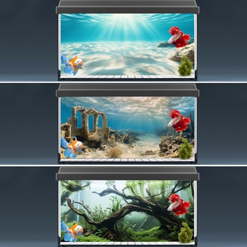 3 PCS Aquarium Background, 48x18 inch Polyester Fish Tank Background | Cloth Fish Tank Background, Undersea Ruins Floor Sunshines & Tree Wood Branches Aquatic Plants - size: 48x18 Inch