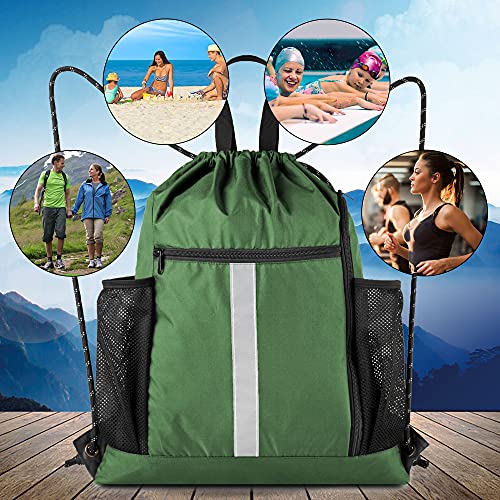BeeGreen Green Drawstring Bag Gym Cinch Backpack w Shoe Compartment and Two Side Pockets Machine Washable Sports Sinch Sack String Sackpack for Swim Equipment Beach Travel - color: Green, style: Drawstring With Shoe Compartment