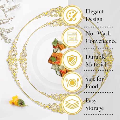 Nervure 175PCS Clear Gold Plastic Plates - Gold Disposable Dinnerware Set for 25 Guests Include 50 Disposable Plates, 75 Plastic Silverware, 25 Cups, 25 Napkins for Wedding & Party - color: Clear, style: 175Pcs(25Guests)
