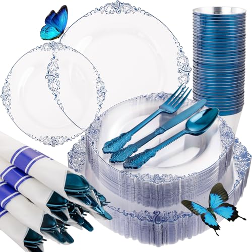 Hioasis 175pcs Clear and Blue Plates - Blue Party Plates for 25 Guest, Include 50 Heavy-duty Plates(20% Thicker Than Standard), 25 Pre Rolled Gold Plastic Silverware Set, 25 Cups for Graduation - color: Clear and Blue