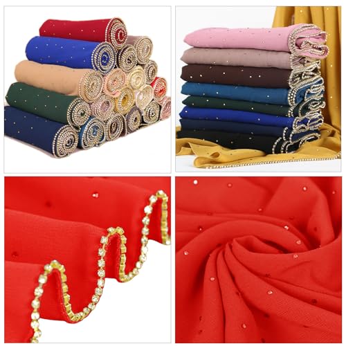 Hijab Scarf for Women Soft Chiffon Rhinestone Long Scarf Shawl Fashion Muslim Hijab Head Wrap Scarves - color: Red