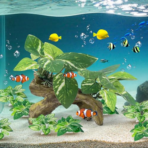 CousDUoBe 9 Pcs Fish Tank Decor,Silk Aquarium Plants Green Silk Leaf pad Hammock Artifical Driftwood cave Betta Fish Tank Accessories 6 x 3 x 4 inches(LxWxH) - size: 9 Pcs Silk Aquarium Plants(Style B)