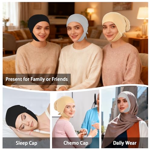 XEPST 3 PCS Hijab Undercap for Women, Islamic Muslim Full Cover Under Hijabcap Milk Silk Fabric Hijab Underscarf Solid Color Adjustable Tie Back Inner Head Scarf Turbans for Women Chemo Cap, C