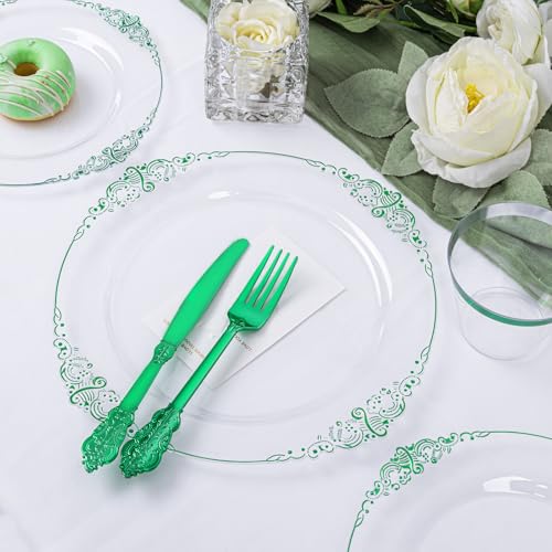 Hioasis 175pcs Clear and Green Plates - Green Party Plates for 25 Guest, Include 50 Heavy-duty Plates(20% Thicker Than Standard), 25 Pre Rolled Gold Plastic Silverware Set, 25 Cups - color: Clear and Green