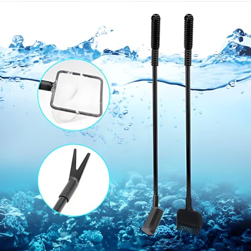 4 in 1 Portable Aquarium Cleaning Tool Kit Fish Tank Cleaning Set with Long Handle Fish Tank Cleaner Net, Shovel, Sponge, Plant Fork - Saltwater & Freshwater Fish Tank