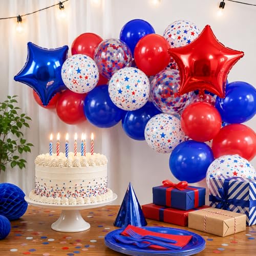 Red and Blue Balloons with 2Pcs Red Blue White Star Foil Balloons for Party - color: Blue and Red, size: 30PC