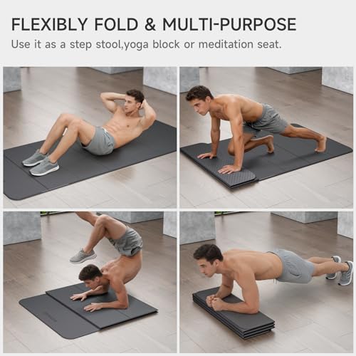7-Fold Yoga Mat 74"x31" - 0.31 Inch Thick Folding Exercise Mat, Extra Wide Non-Slip POE Mat for Travel, Storage, Yoga, Pilates, Meditation & Home Gym, Lightweight & Portable - color: Black