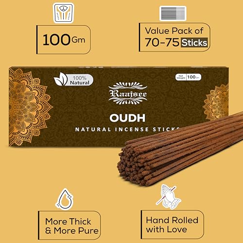 Pure Oud Agarwood Incense Sticks, 100%-Natural Charcoal Free Organic Non Toxic Clean Burning Handmade Insence Sticks 100 gm Pack, Raajsee Meditation Gifts – Spritual Cleansing - color: Oudh