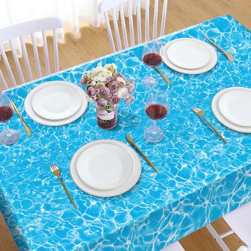 1Pc Blue Water Ripple Party Plastic Tablecloth 54 x 87 Inch Long Table Cover, Summer Ocean Sea Party Tablecover for Water Wave Theme Kids Baby Shower Birthday Dinner Picnic Kitchen Event - color: Blue Water Ripple