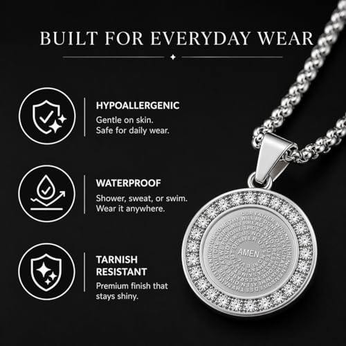 Steeltime Stainless Steel Lords Prayer Necklace with Simulated Diamonds - color: Silver, style: Reversible Round Pendant