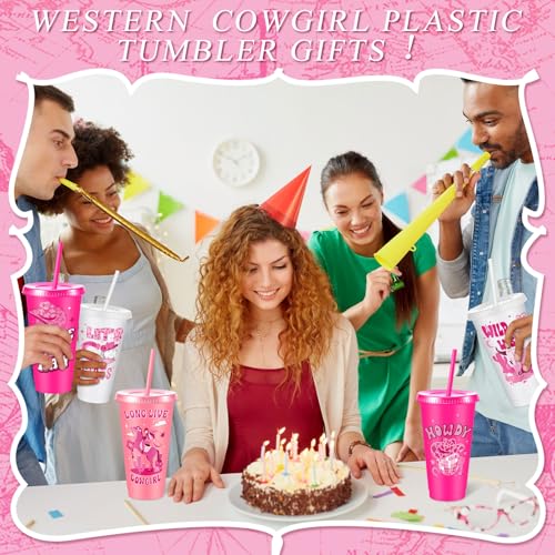 Chuangdi 12 Pcs Cowgirl Western Party Favors Pink Cowgirl Plastic Tumbler Reusable 24 oz Cups with Lids and Straws for Birthday Baby Shower Last Rodeo Party Supplies - style: Cowgirl