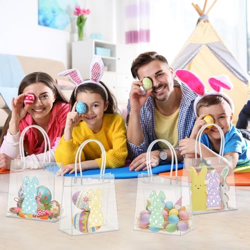 Aliceset 24pcs Happy Easter Gift Bags Bulk - Easter Clear PVC Bunny Gift Bags with Handle Reusable Candy Party Favor Totes for Snack Candy Treat Party Favor (Rabbit, 6.31"x 5.91"x 3.15") - style: Rabbit