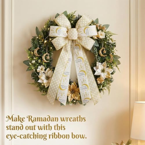 Threetols 2 Rolls 10 Yards Ramadan Mubarak Wired Edge Ribbons, 2.5inch White Gold Moon Burlap Ribbon, Lantern Mesh Ribbon for Eid Islamic Muslim Mosque DIY Craft Wreath Bow Wedding Party Decor