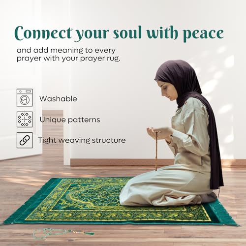 Muslim Prayer Rug, Soft Plush Thin Islamic Prayer Mat, Janamaz, Sajada, Praying Carpet, Islamic Gift, Foldable Portable Turkish Prayer Mat for Men&Women, Lightweight Travel Prayer Rug, 26"x43" - color: Jeddah / Darkgreen2
