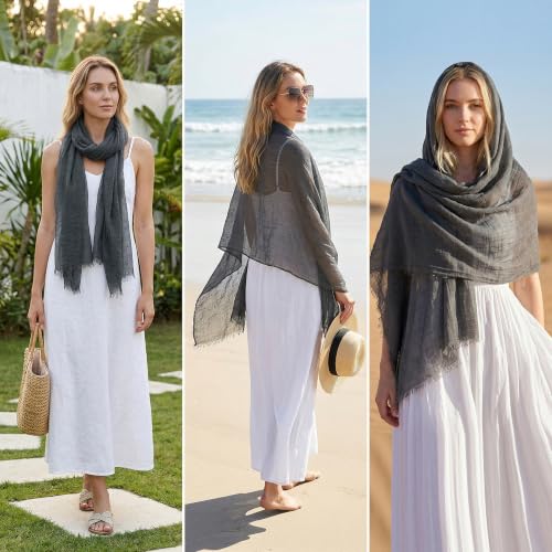 Nydotd Women Summer Cotton Linen Scarf Crinkle Long Beach Shawl Wrap hijab with Fringe - color: Dark Grey