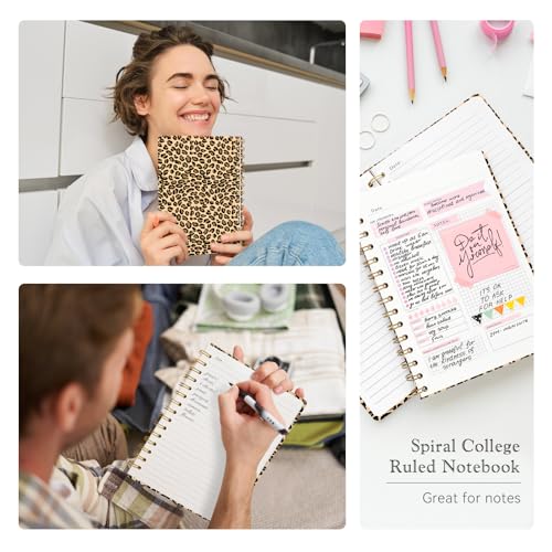 Lined Spiral Journal Notebook, A5 College Ruled Spiral Notebook for Women, Hardcover with Elegant Design for Work and Note-Taking, 5.5 * 8.25 inch, 160 Pages, Brown Leopard Print - color: Leopard Print
