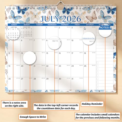 Wall Calendar 2026-2027 – 11 x 8.7 In, 18 Months from July 2026 to December 2027, Monthly Calendar with Holidays, Julian Dates, Grid Design for Scheduling, Home or School Use - color: Butterfly