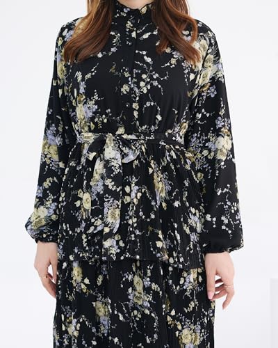 Breathable Modest Prayer Dresses Long Sleeve Layered Maxi Dress with Belt European Floral Print Women Muslim Abaya - color: Black, size: M(54)