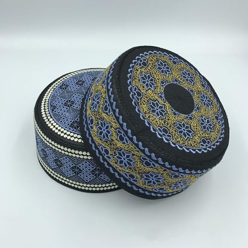 RUIXIA Men Boys Muslim Prayer Kufi Hat Skull Cap Embroidery Islam Kufi Headware takke Praying Beanie Hat Kofia Topi Hat - color: Blue/Gold/Black-adults