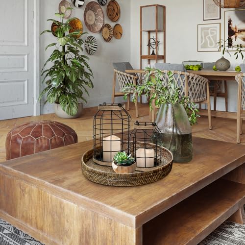 Rustic Farmhouse Decorative Lantern Set of 2, Boho Lanterns with LED Candles, Modern Farmhouse Indoor Outdoor Decor for Living Room Patio Porch Fireplace Kitchen Dining Table Centerpiece