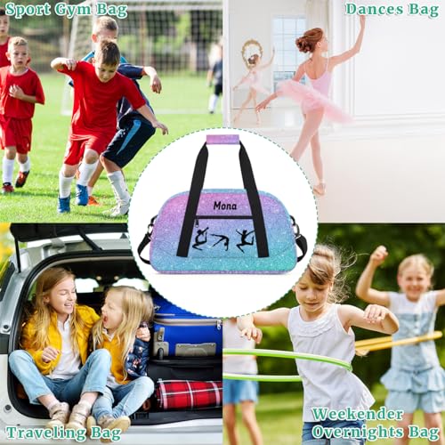 Custom Dance Bag, Gradient Purple Blue Glittering Gym Silhouette | Personalized Kids Gym Bag for Girls Customized Travel Sports Duffel Bag Name - color: Color 29