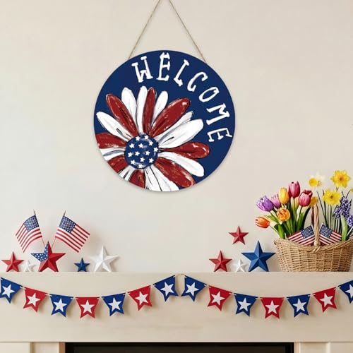 Smile Patriotic Flower Welcome Wooden Round Door Hanger, American Flag Themed Front Door Sign for 4th of July & Memorial Day Decor - style: Patriotic Daisy