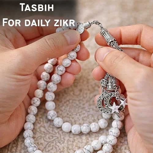 Amazing Gemstone Howlite Tasbeeh with Moon and Star Charm - Certified Crystal Muslim Prayer Beads Natural Gemstone Tasbih Gift for Ramadan Dhikr and Daily Namaz (S) - color: Howlite