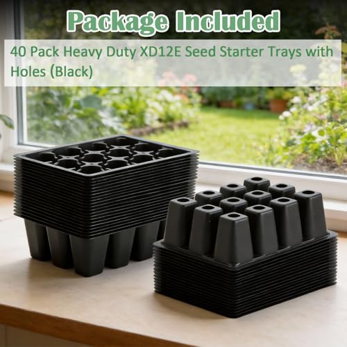RooTrimmer 40 Pack Reusable 12-Cell Seed Starter Tray, Plant Starter Trays with Large Drainage Holes for Seed Germination, Easy to Repotted, Fits Standard 1020 Flats and TD377 Trays, Black - color: Black, size: 12 Cells-40P